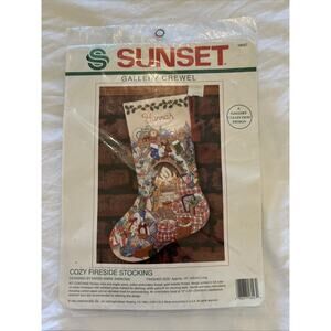 1993 Sunset Crewel Kit #18027 COZY FIRESIDE STOCKING New Open Package.